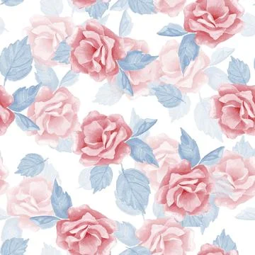 Seamless pattern with rose flowers and leaves. Hand drawn floral background Stock-Illustration