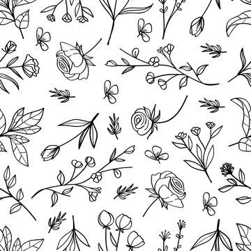 Seamless pattern rose flowers and plants hand-drawn line art .Vector illust.. Illustrazione stock