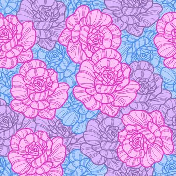 Seamless pattern with rose flowers blue, blue and pink. Vector Stock Illustration