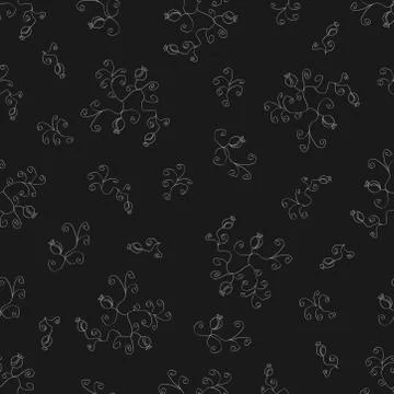 Seamless pattern rose hips and curlicues light gray drawn by hand on a dark g Illustrazione stock