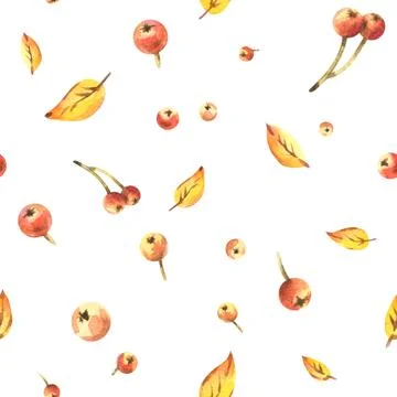 Seamless pattern with rose hips, autumn leaves, and seasonal berries, created as Stock Illustration