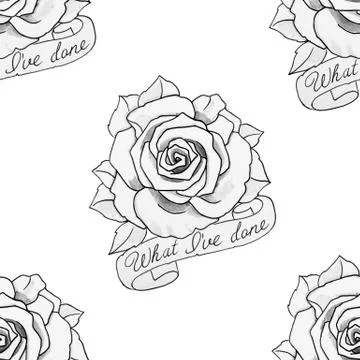 Seamless pattern rose with inscription on white background. Stock Illustration