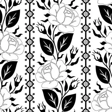 Seamless Pattern with Rose Inspired by Ukrainian Traditional Embroidery Stock Illustration