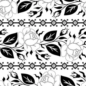 Seamless Pattern with Rose Inspired by Ukrainian Traditional Embroidery Stock Illustration