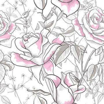 Seamless pattern with Rose, leaves and buds on a white background. Modern Illustrazione stock
