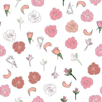 Seamless pattern rose petals, buds and flowers. Confetti, cosmetics, wedding, Stock Illustration