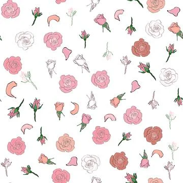 Seamless pattern rose petals, buds and flowers. Confetti, cosmetics, wedding, イラスト素材