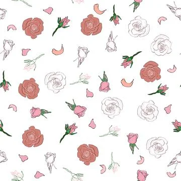 Seamless pattern rose petals, buds and flowers. Confetti, cosmetics, wedding, イラスト素材