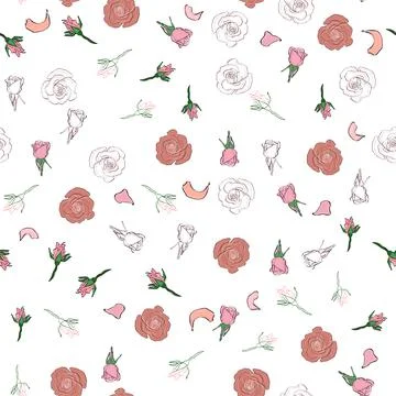 Seamless pattern rose petals, buds and flowers. Confetti, cosmetics, wedding, 库存插图