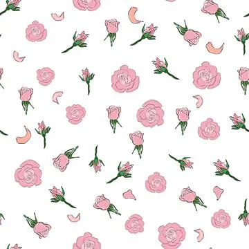 Seamless pattern rose petals, buds and flowers. Confetti, cosmetics, wedding, Illustrazione stock