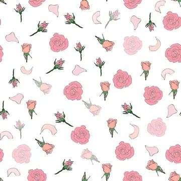 Seamless pattern rose petals, buds and flowers. Confetti, cosmetics, wedding, Illustrazione stock
