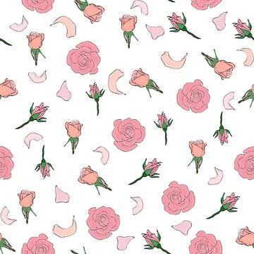 Seamless pattern rose petals, buds and flowers. Confetti, cosmetics, wedding, Illustrazione stock