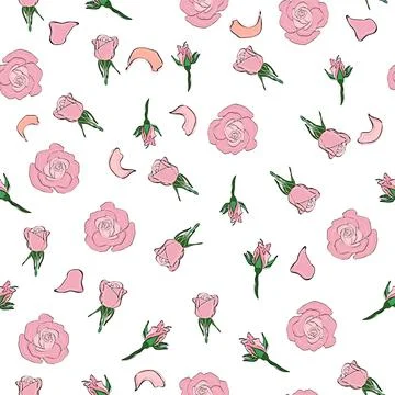 Seamless pattern rose petals, buds and flowers. Confetti, cosmetics, wedding, Stock Illustration