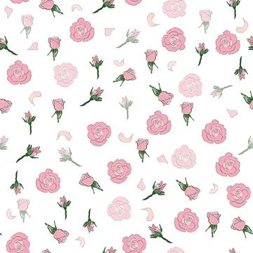 Seamless pattern rose petals, buds and flowers. Confetti, cosmetics, wedding, Stock Illustration