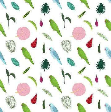 Seamless pattern with rose ringed parrots green and blue, tropical leaves and Stock Illustration