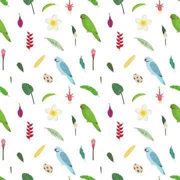 Seamless pattern with rose ringed parrots, tropical leaves, flowers and egg Illustrazione stock
