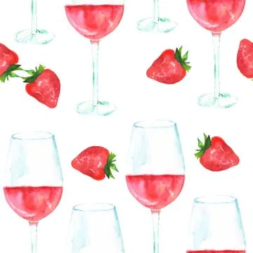 Seamless pattern with rose wine and strawberries, watercolour, repeat print on イラスト素材