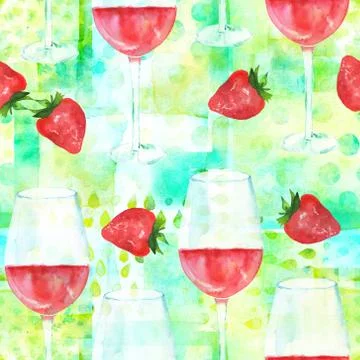 Seamless pattern with rose wine and strawberries, watercolour, repeat print on Stockillustratie