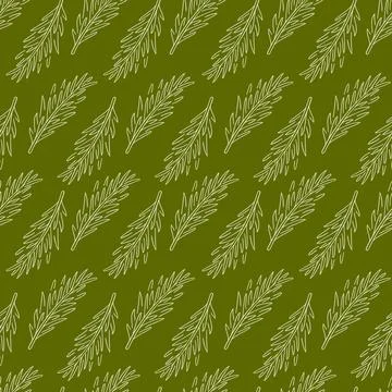 Seamless pattern of rosemary branch in line art style on green background Illustrazione stock
