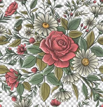 Seamless pattern with roses and daisies. Hand drawn flowers print Stock Illustration