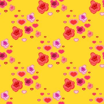 Seamless pattern with roses and hearts on the yellow Stock Illustration
