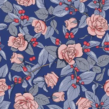 Seamless pattern with roses, branches, berries, leaves. Texture for fabric, t Stock Illustration