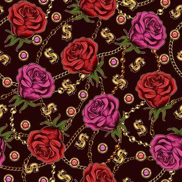 Seamless pattern with roses, chains, dollar sign Stock Illustration