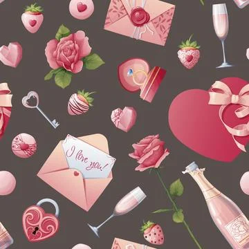 Seamless pattern with roses, champagne, strawberries, candies with hearts. .. Stock Illustration