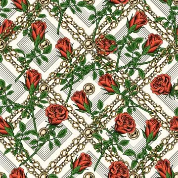 Seamless pattern with roses, geometric rhombus grid of gold chains behind Stock Illustration
