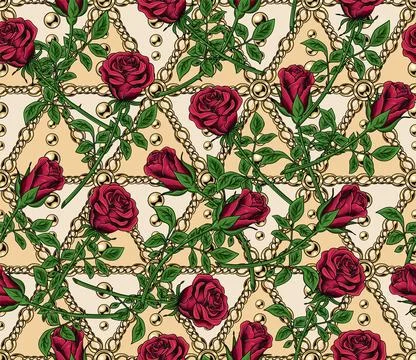 Seamless pattern with roses, geometric triangle grid with gold chains, beads Stock Illustration