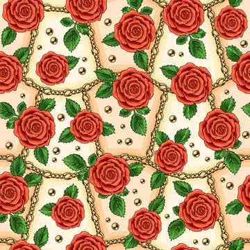 Seamless pattern with roses, golden chains. Stock Illustration