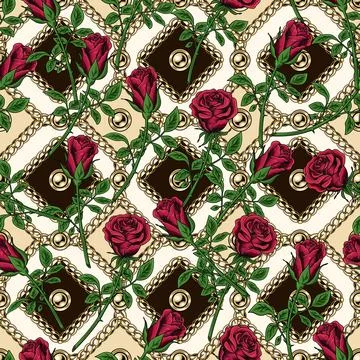 Seamless pattern with roses, jewelry chains Stock Illustration