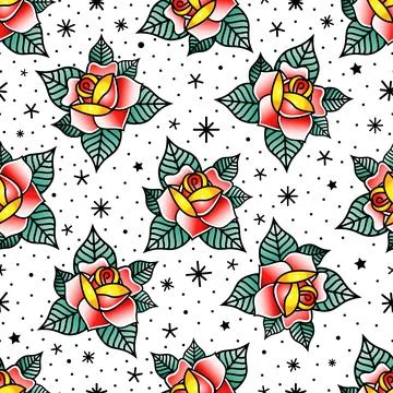 Seamless pattern with roses in the style of old school tattoo Stock Illustration