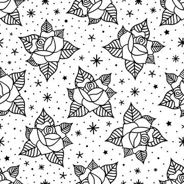 Seamless pattern with roses in the style of old school tattoo Stock Illustration