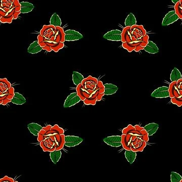 Seamless pattern with roses in tattoo style. Vector illustration Stock Illustration