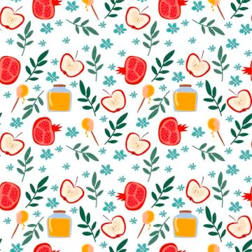 Seamless Pattern with Rosh Hashana or Hebrew New Year Symbols in Vector Stock Illustration