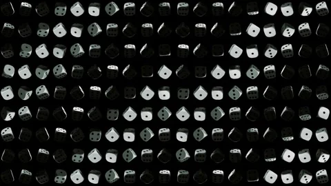 Seamless pattern of rotating white dice on black background, modern 3D gambling Stock Footage 336542721