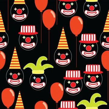 Seamless pattern with round clown faces with shining eyes wearing party hats Stock Illustration