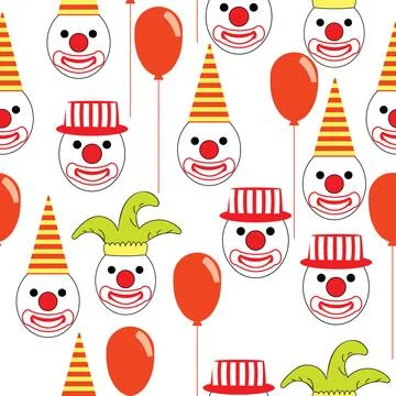 Seamless pattern with round clown faces with hats and baloons Stock Illustration