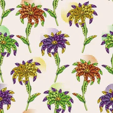 Seamless pattern with round halftone shpaes, creative flowers made of feather Illustrazione stock