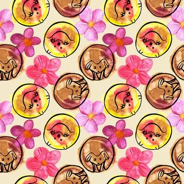 Seamless pattern round hedgehogs with flowers watercolor spots Stock Illustration