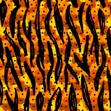 Seamless pattern Round sequins orange black tiger zebra fur, abstract lines s Stock Illustration