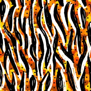 Seamless pattern Round sequins orange black white tiger fur, abstract lines s Stock Illustration