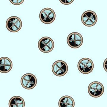 Seamless pattern Round wooden window frame with broken glass Stock Illustration