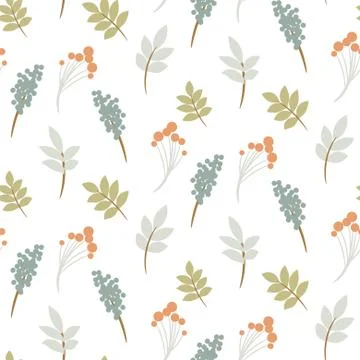 Seamless pattern with rowan berry and autumn leaves in pastel colors. Fall Illustrazione stock