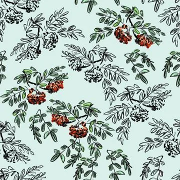 Seamless pattern of rowan branch with autumn leaves and ash berries, graphic  Stock Illustration