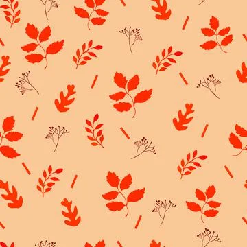 Seamless pattern with rowan branches and autumn leaves in red-pink colors. Stock Illustration