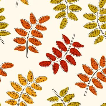 Seamless pattern with rowan leaf in line art flat style. Astract leaf texture イラスト素材