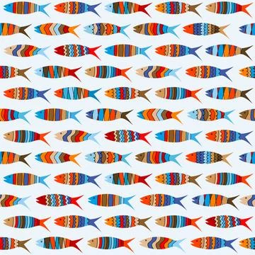 Seamless pattern with rows of colored fish Stock Illustration