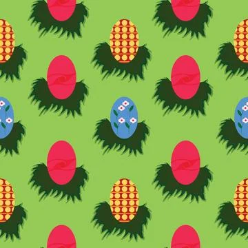 Seamless pattern with rows of colorful eggs arranged in little grass bushes Stock Illustration